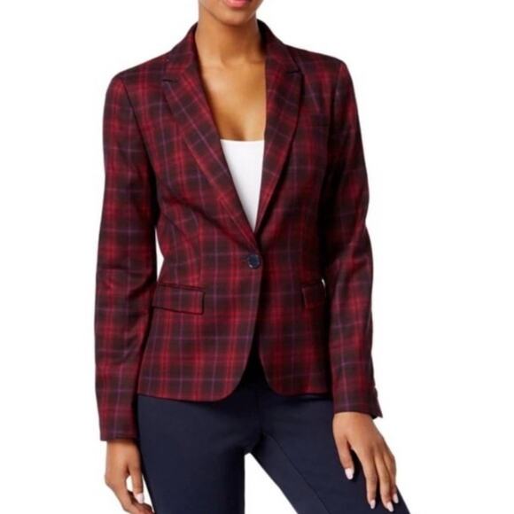 Tommy Hilfiger Red Purple Plaid Elbow Patch Blazer Size 2 - Picture 1 of 9